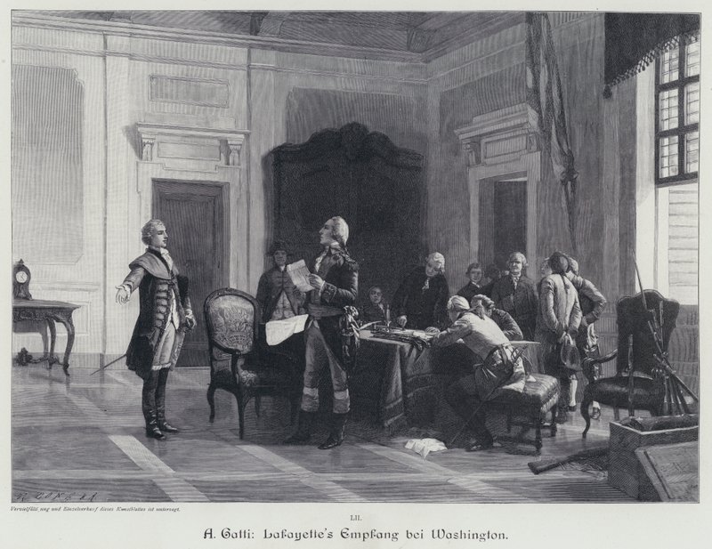 George Washington vítá markýze de Lafayette (rytina) od American School