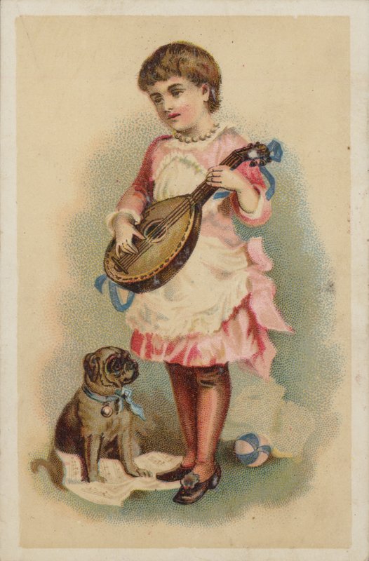 Dívka hrající na mandolínu se psem od American School