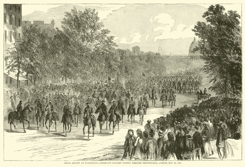 Velká recenze ve Washingtonu, Sheridans kavalérie projíždějící přes Pennsylvania Avenue, 23. května 1865, květen 1865 od American School