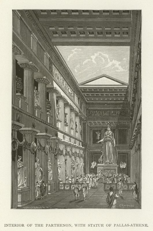 Interiér Parthenonu se sochou Pallas-Athene od American School