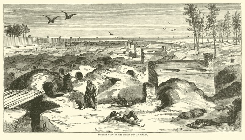 Vnitřní pohled na Prison Pen v Millen, listopad 1864 od American School