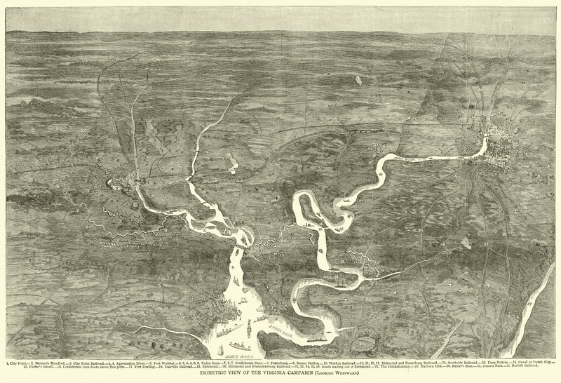 Izometrický pohled na kampaň Virginia, pohled na západ, červen 1864 od American School