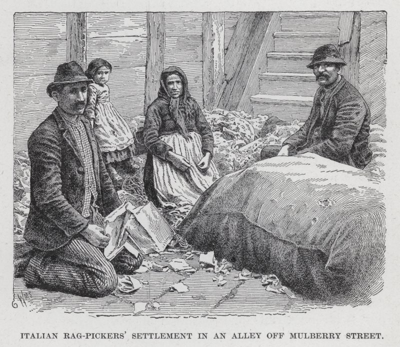 Italská osada hadrů v uličce u Mulberry Street (litho) od American School