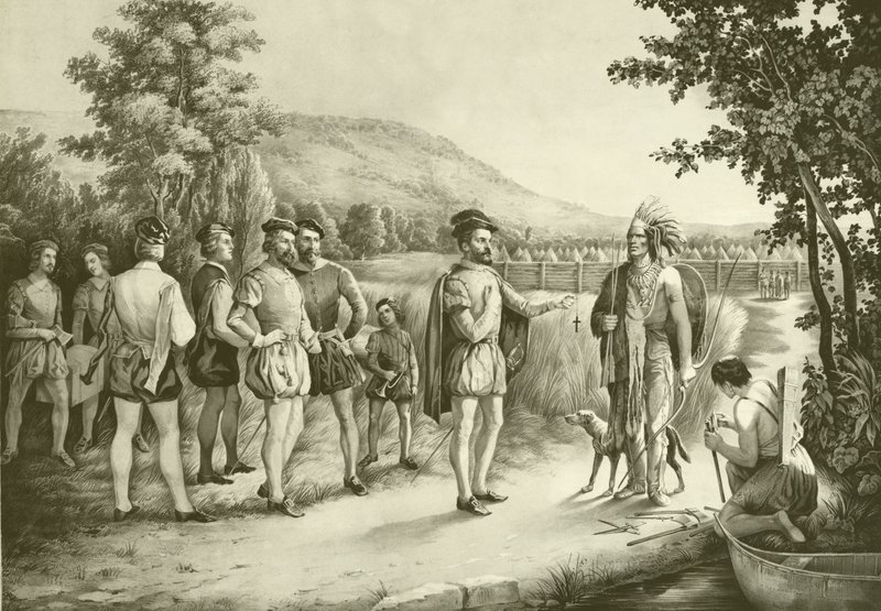 Jacques Cartier, jeho první rozhovor s indiány v Hochelaga nyní Montreal v roce 1535, kolem roku 1850 od American School