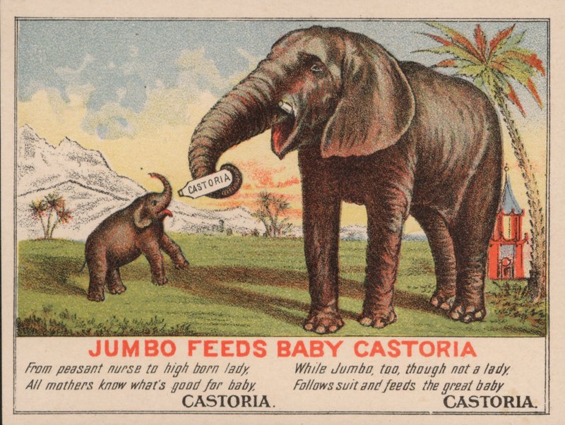 Jumbo krmí miminko Castoria, reklama na Fletcherův lék Castoria, kde je slavný cirkusový slon P. T. Barnuma od American School