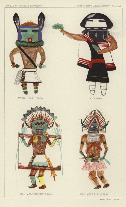 Kwacus Alek Taka, Alo Mana, Stará maska (klan Katcina), Stará maska (klan Tcua) (barevná litografie) od American School