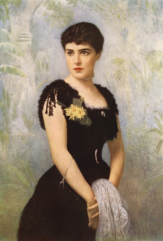 Lady Randolph Spencer-Churchill, rozená slečna Jennie Jeromeová z New Yorku, která se provdala za lorda Randolpha Spencera-Churchilla (barva lito) od American School