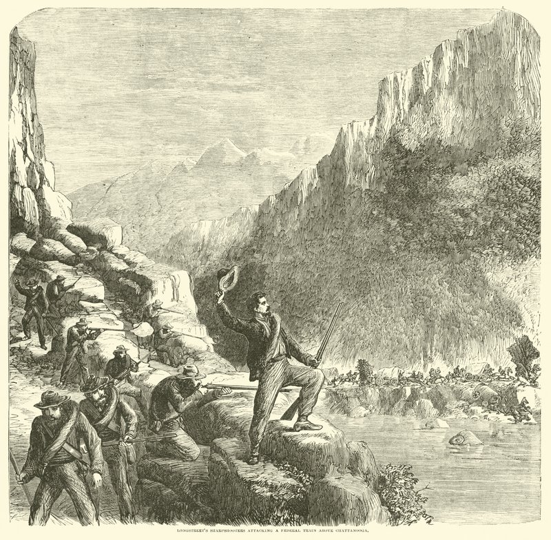 Longstreetovi ostrostřelci útočící na federální vlak nad Chattanoogou, říjen 1863 od American School