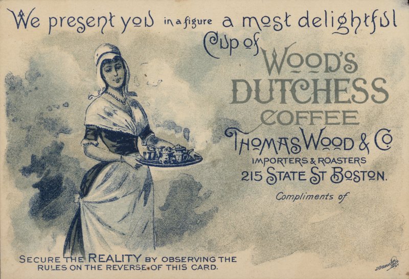 Pokojská podávající kávu, reklama na Woods Duchess Coffee, Boston od American School