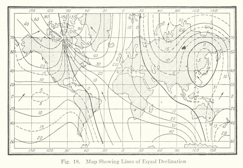 Mapa zobrazující linie stejné deklinace (litografie) od American School