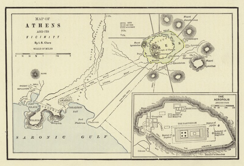 Mapa Athén a jejich okolí; Akropole od American School