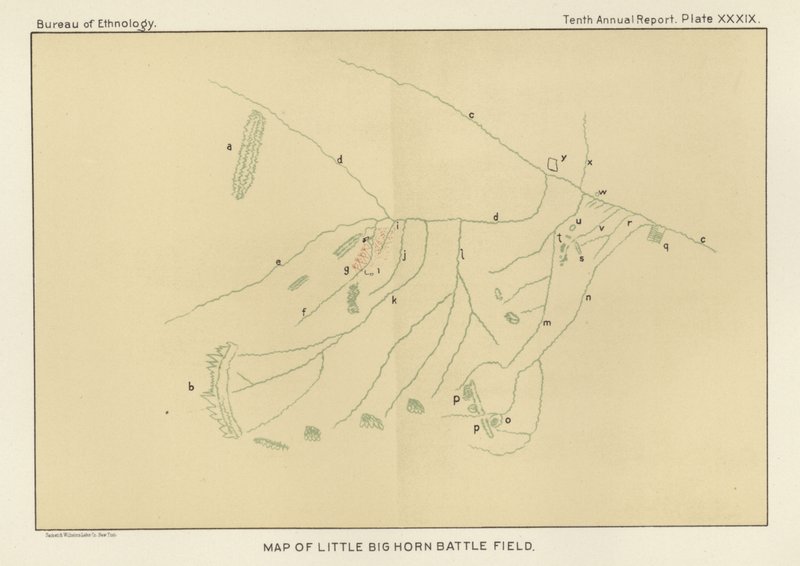 Mapa bitevního pole Little Bighorn od American School