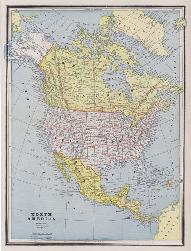 Mapa Severní Ameriky (barevné rytí) od American School