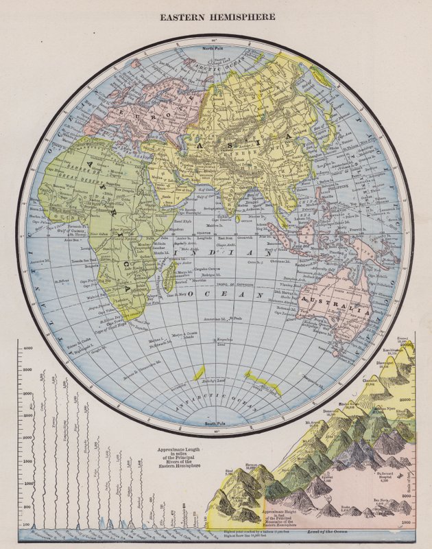 Mapa východní polokoule (barevné rytí) od American School