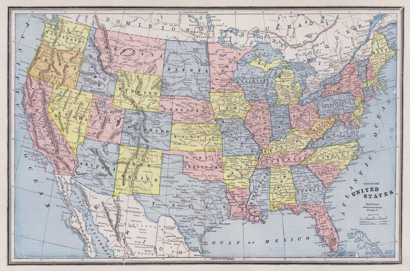 Mapa Spojených států (barevná rytina) od American School