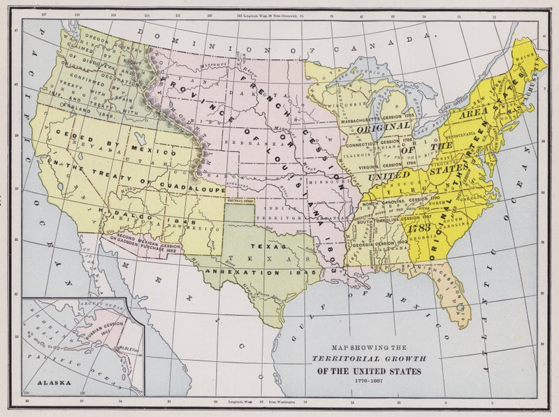 Mapa znázorňující územní růst Spojených států (barevné rytí) od American School