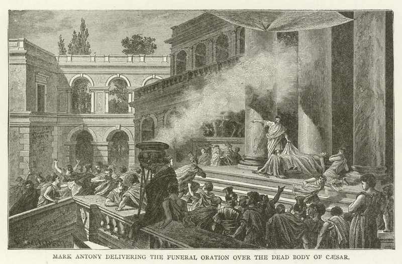 Mark Antony přednáší pohřební řeč nad mrtvým tělem Caesara od American School