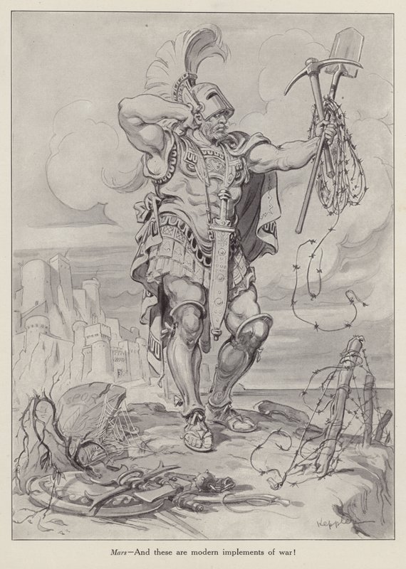 Mars, římský bůh války, držící lopaty a ostnatý drát používaný v zákopové válce (litografie) od American School
