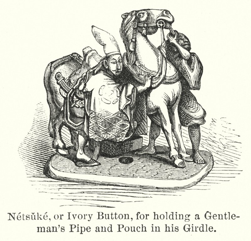 Netsuke, neboli Ivory Button, za držení dýmky a váčku pro gentlemana ve svém opasku (rytina) od American School