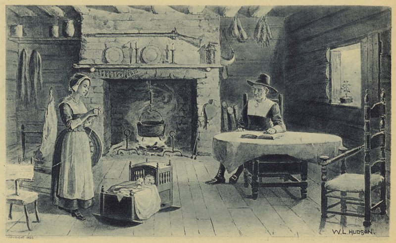 Domov průkopníků Nové Anglie (litografie) od American School