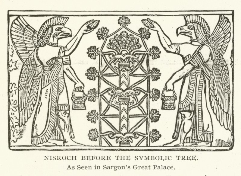 Nisroch před symbolickým stromem, jak je vidět ve Velkém paláci Sargons od American School