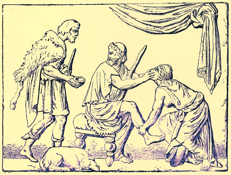 Odysseus rozpoznán jeho ošetřovatelkou, ilustrace z Dějiny Řecka od Victora Duruye, publikovaná v roce 1890 (digitálně vylepšený obrázek) od American School