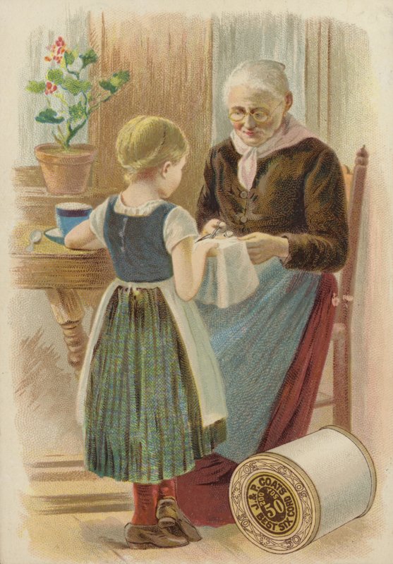 Stará žena řezání látky od American School