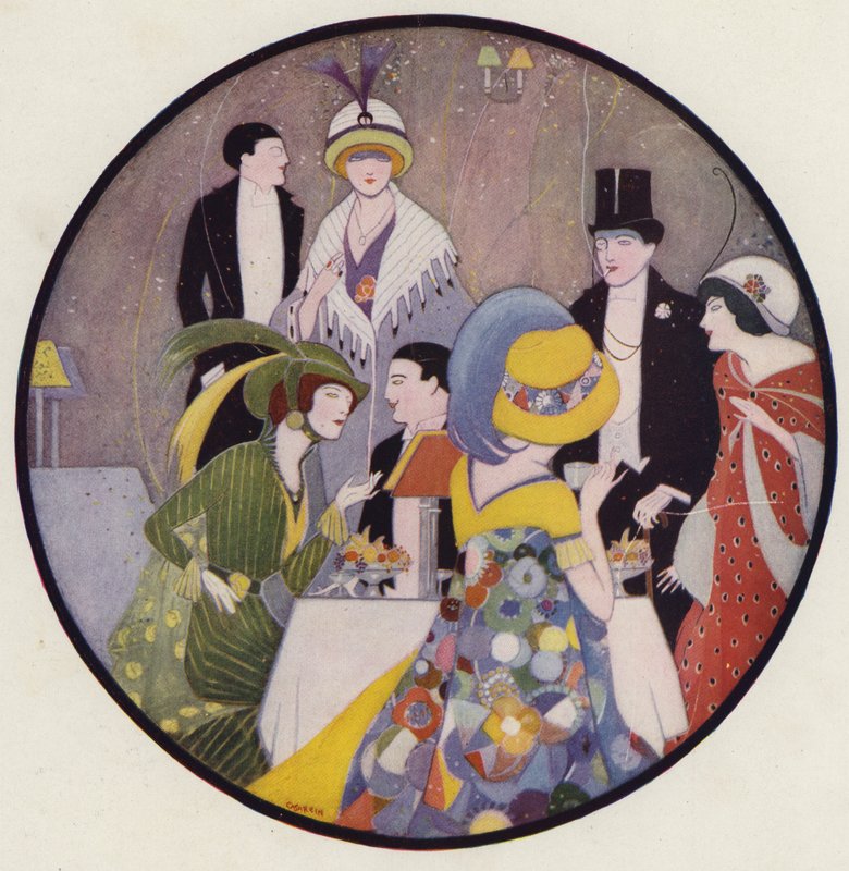 Společenské setkání lidí po představení, scéna z povídky After The Play od J. A. Waldrona (barevná litografie) od American School