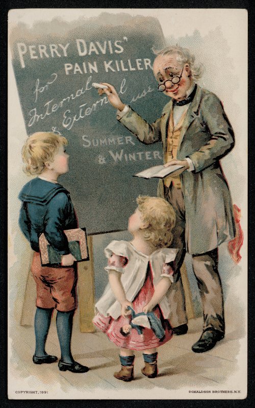 Perry Davis lék proti bolesti, reklama z poloviny 19. století (chromolitho) od American School
