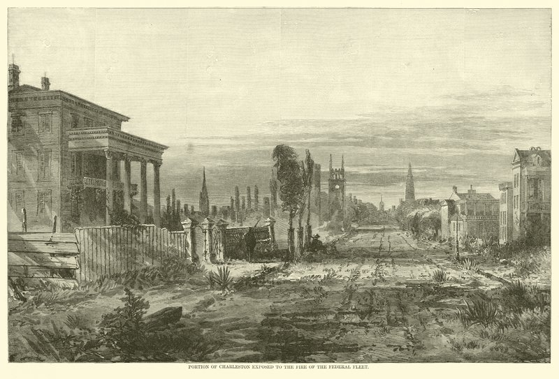 Část Charlestonu vystavena požáru federální flotily, srpen 1863 od American School