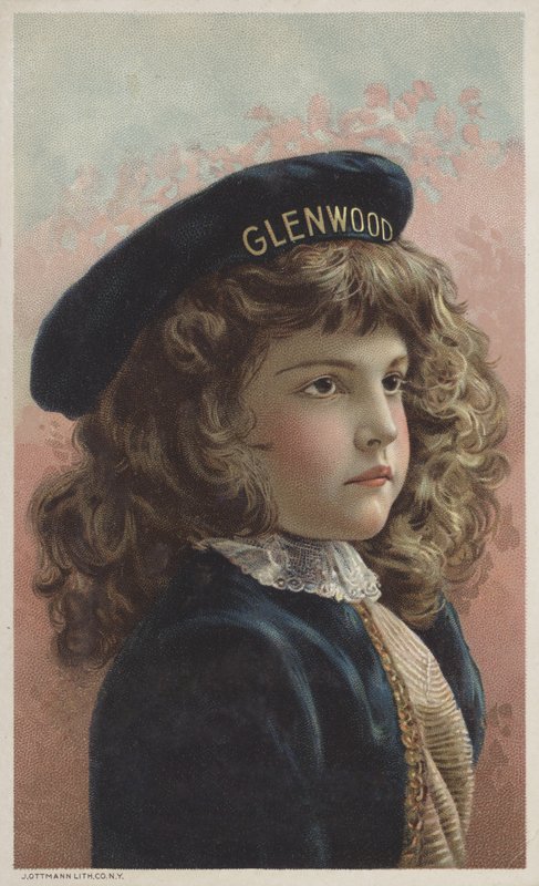 Hezká dívka s kudrnatými hnědými vlasy a čepicí se jménem Glenwood (chromolit) od American School