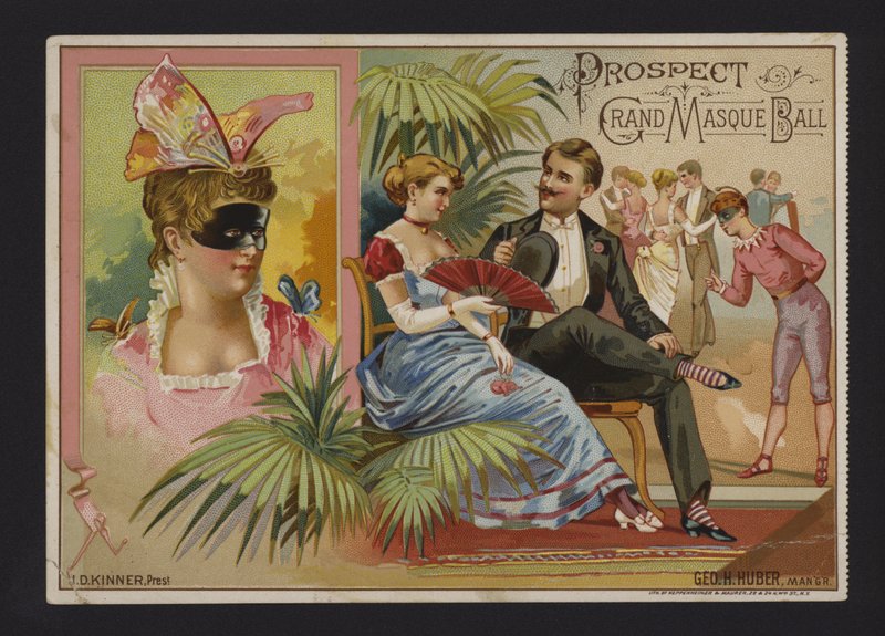 Velký maskovaný ples Prospect Association na Akademii hudby, Tammany Hall a Nilsson Hall, New York (chromolitho) od American School