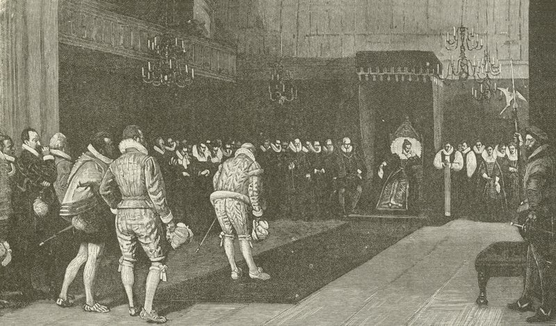 Královna Alžběta přijímá francouzské velvyslance po masakru svatého Bartoloměje, z obrazu Wm F Yeames od American School