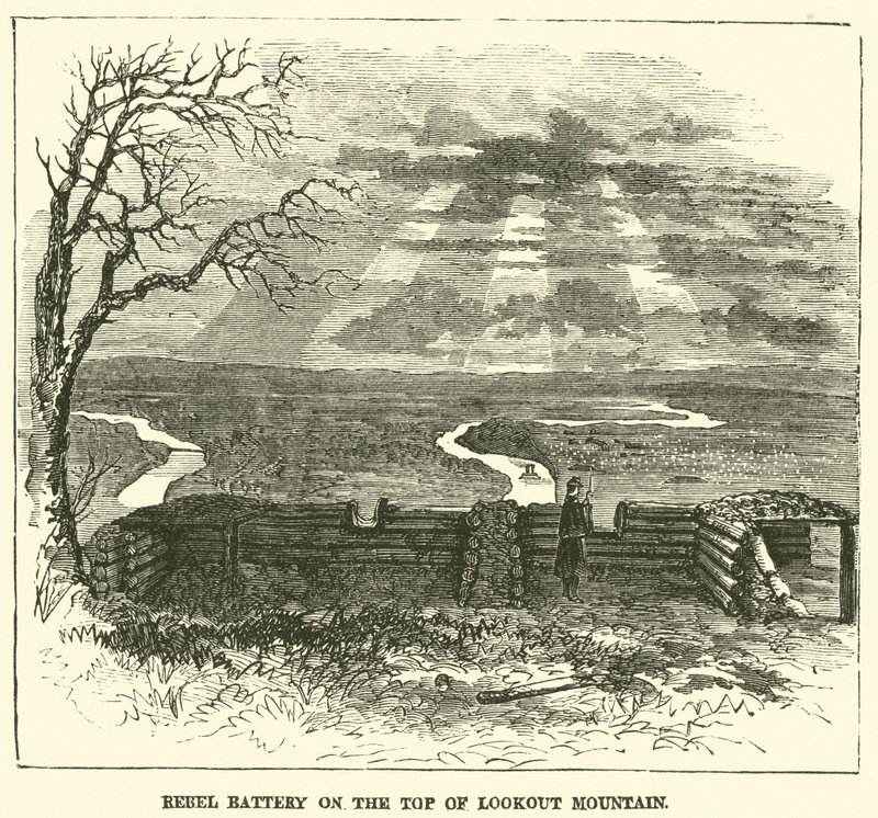 Baterie rebelů na vrcholu Lookout Mountain, listopad 1863 od American School