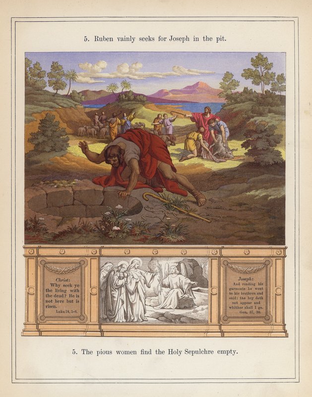 Ruben marně hledá Josefa v jámě (barevná litografie) od American School