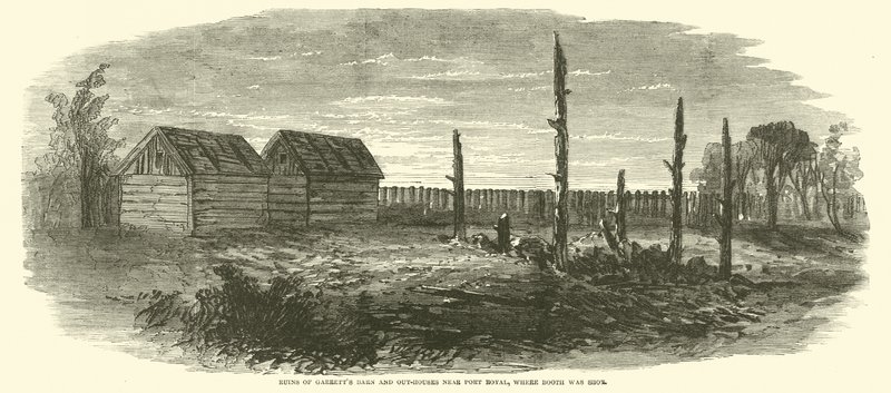 Ruiny Garretts Barn a Out-houses poblíž Port Royal, kde byl Booth zastřelen, duben 1865 od American School