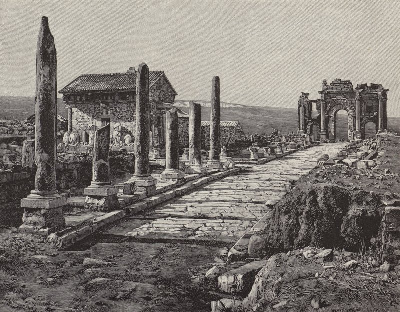Ruiny římsko-berberského města Timgad (starověký Thamugas), Alžírsko (rytina) od American School