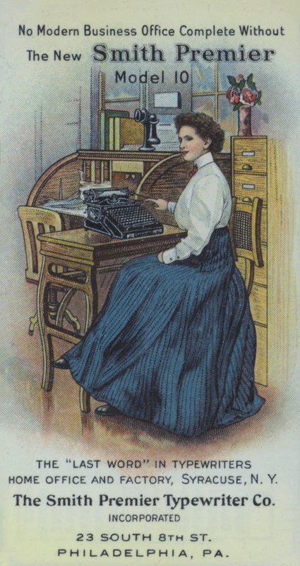 Sekretářka v kanceláři s novým psacím strojem Smith Premier (barevná litografie) od American School