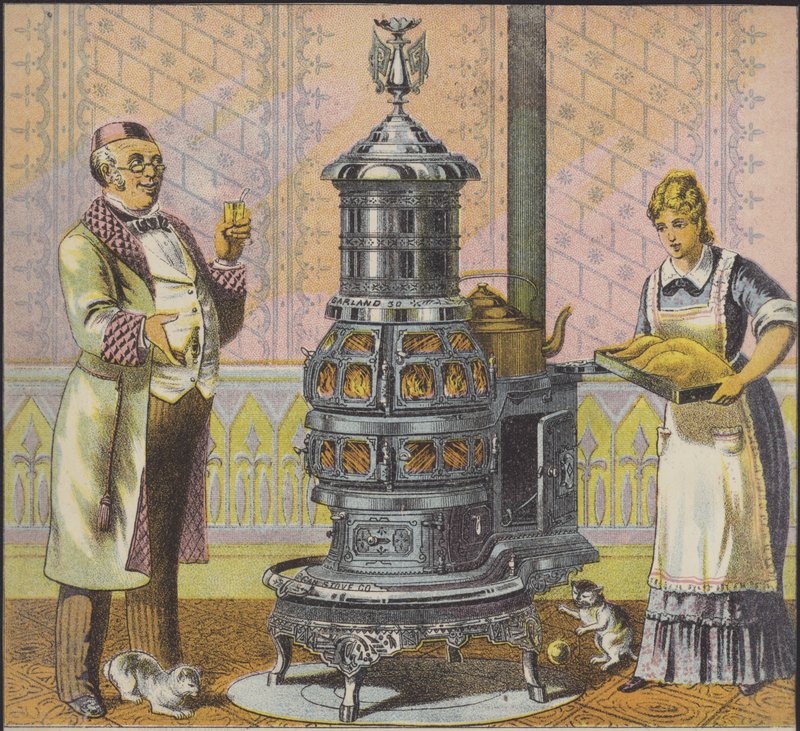 Sluha vkládá krocana do velkého sporáku a pán domu se dívá (chromolitho) od American School