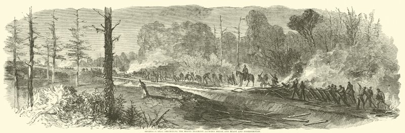 Shermanova armáda ničící Maconskou železnici mezi Rough a Ready a Jonesborough, srpen 1864 od American School