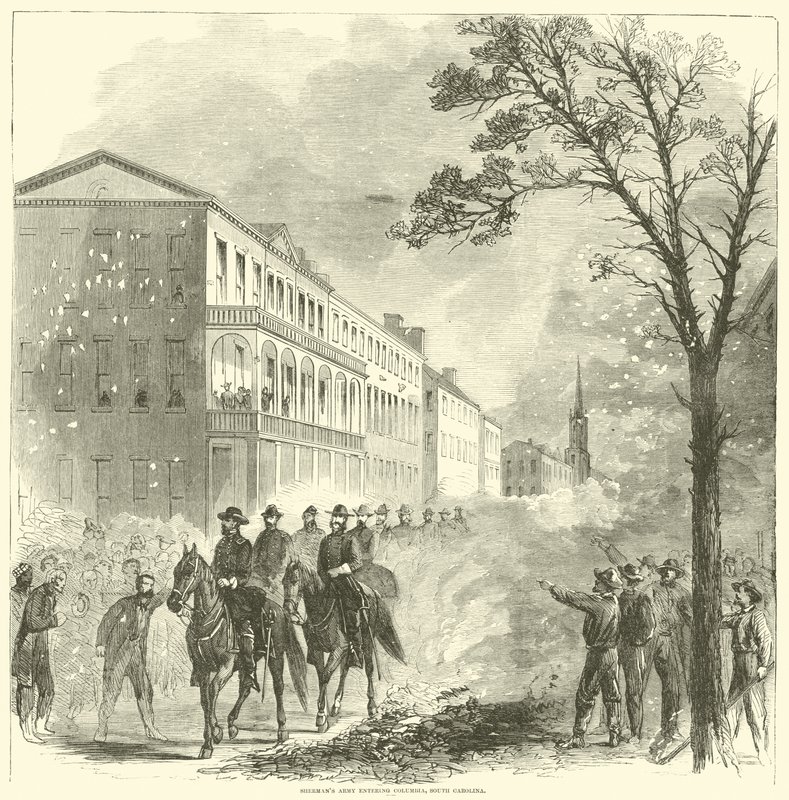Shermanova armáda vstupuje do Kolumbie, Jižní Karolína, únor 1865 od American School