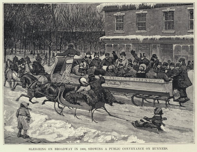 Sáňkování na Broadwayi v roce 1860, předvádění veřejné dopravy na běžcích (litho) od American School