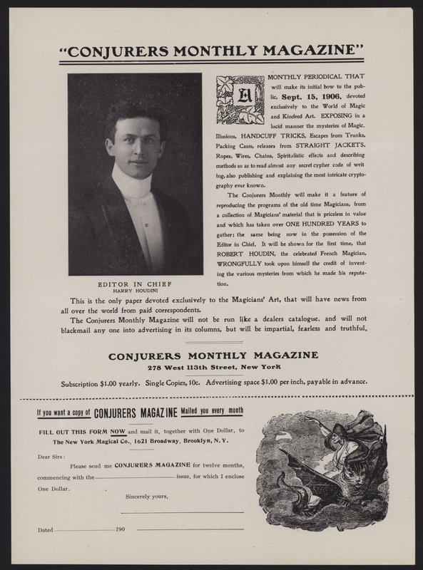 Formulář předplatného časopisu Conjurers Monthly Magazine, šéfredaktor Harry Houdini (litho) od American School
