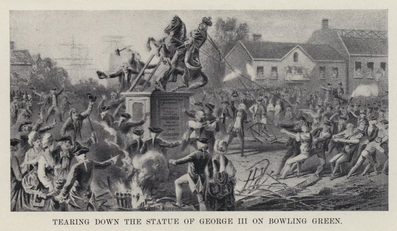 Stržení sochy Jiřího III. na Bowling Green (litho) od American School