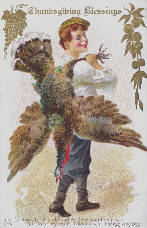 Přání ke Dni díkůvzdání zobrazující muže s krocanem. (chromolit) od American School