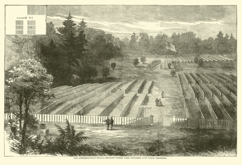 Pohřebiště Andersonville, kde bylo pohřbeno 14 000 vězňů Unie, květen 1865 od American School