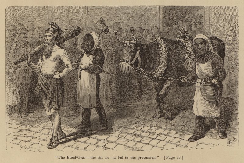 "Boeuf-Gras, tlustý vůl, je veden v průvodu" (rytina) od American School