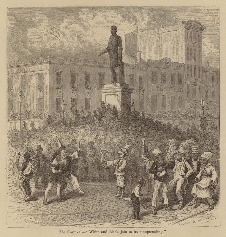 Karneval, "Bílí a Černí se připojují k jeho maškarádě" (rytina) od American School