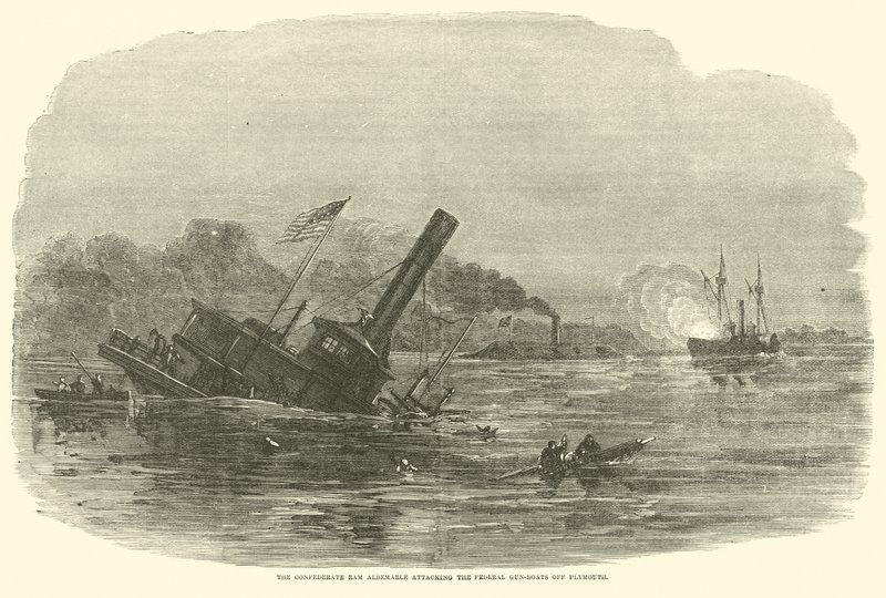 Confederate Ram Albemarle útočící na federální dělové čluny u Plymouthu, říjen 1864 od American School