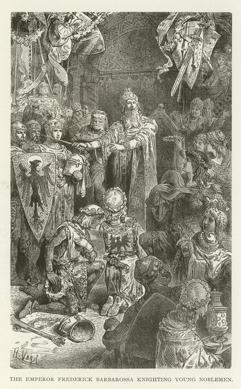 Císař Frederick Barbarossa pasující mladé šlechtice na rytíře od American School